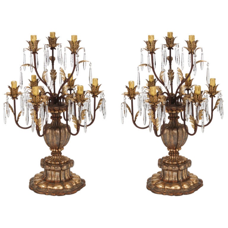 Pair of Large 19th Century Italian Giltwood and Crystal Lustre Lamps