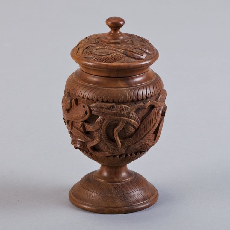 Chinese Carved Wood Tobacco Jar with Turned Lid