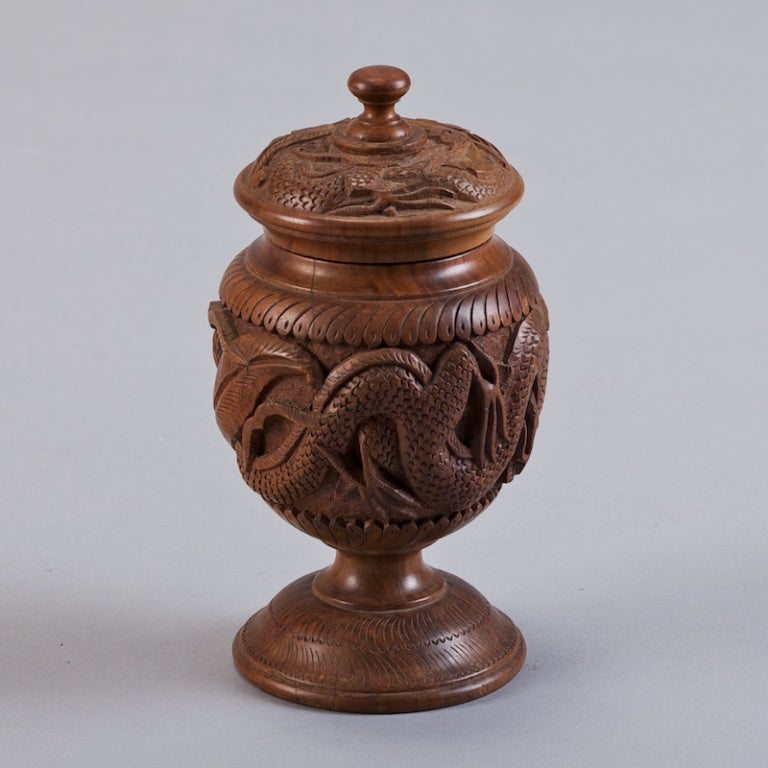 20th Century Carved Wood Tobacco Jar with Turned Lid
