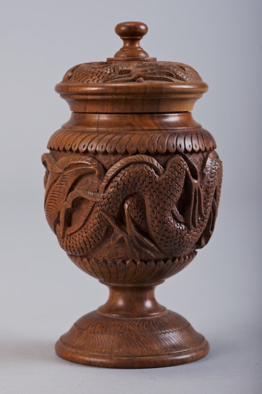Carved Wood Tobacco Jar with Turned Lid 2