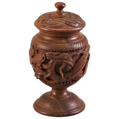 Carved Wood Tobacco Jar with Turned Lid