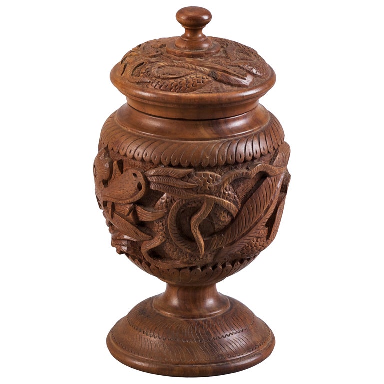 Carved Wood Tobacco Jar with Turned Lid