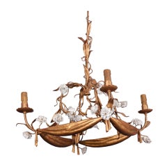 French Four Light Brass Chandelier With Porcelain Flowers