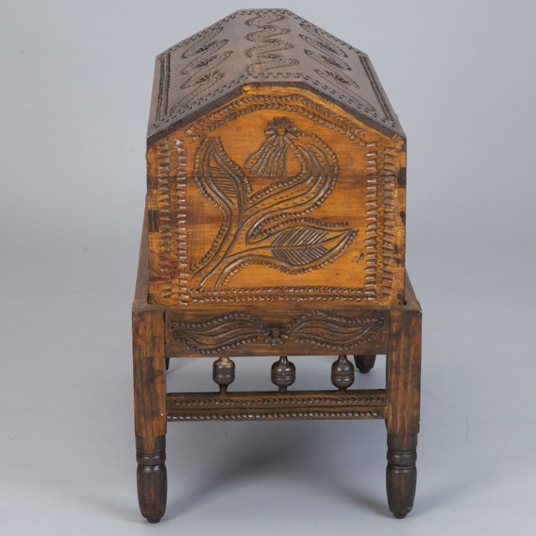 American Carved Pennsylvania Dutch Dowry Box on Stand