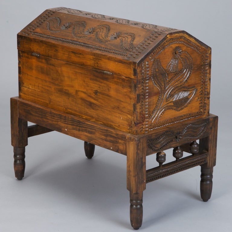 Mid-20th Century Carved Pennsylvania Dutch Dowry Box on Stand