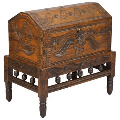 Retro Carved Pennsylvania Dutch Dowry Box on Stand