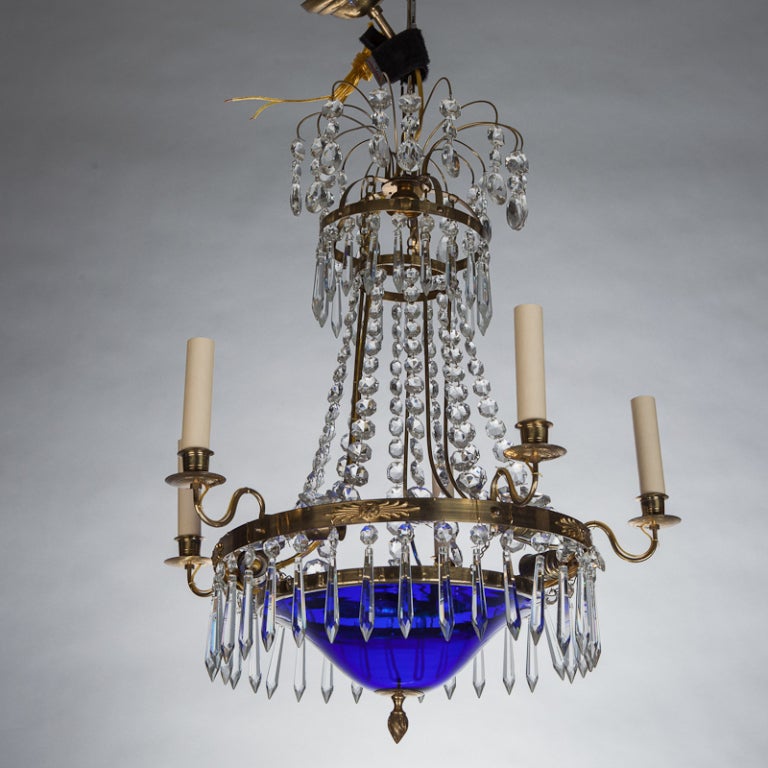 19th Century Swedish Five Light Chandelier With Cobalt Blue Bowl and Crystal