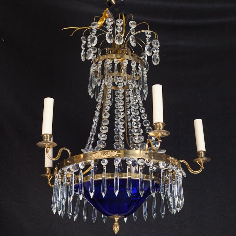 Glass Swedish Five Light Chandelier With Cobalt Blue Bowl and Crystal