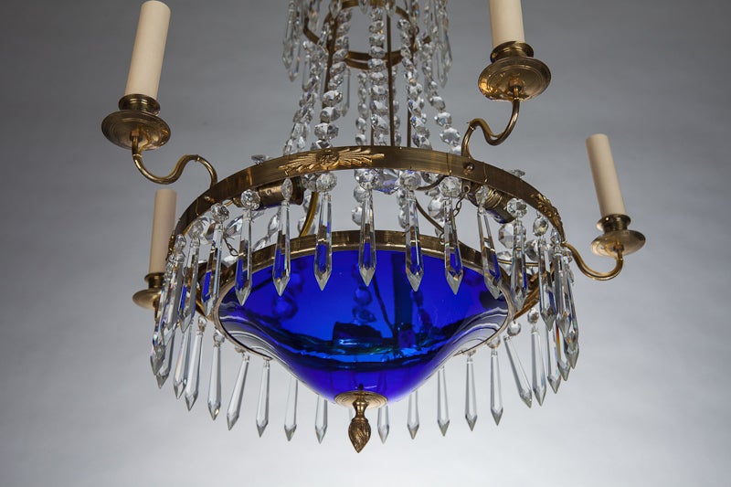 Swedish Five Light Chandelier With Cobalt Blue Bowl and Crystal 1