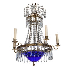 Swedish Five Light Chandelier With Cobalt Blue Bowl and Crystal
