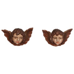 Pair Painted Cherub Faces With Wings
