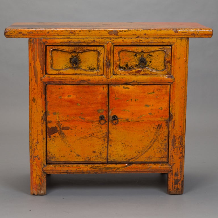 Painted Chinese Lacquered Yellow Orange Side Cabinet