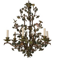 Six Light French Tole Chandelier with Birds