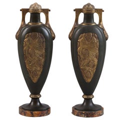 Pair Tall Art Nouveau Green and Gilt Metal Vases