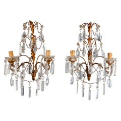 Pair Italian Two Light Gilt Metal and Crystal Sconces