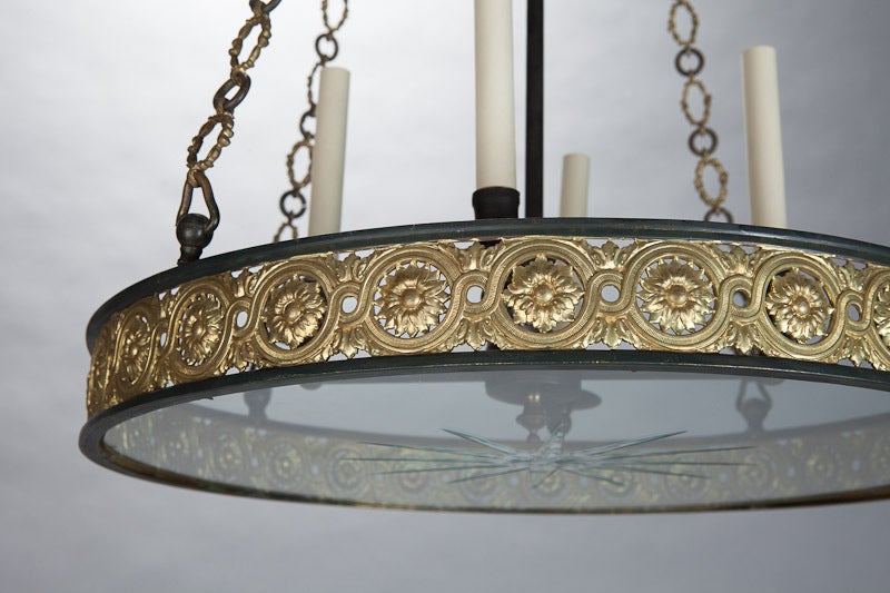 French Art Nouveau Brass and Etched Glass Hanging Four-Light Fixture In Excellent Condition In Troy, MI