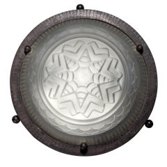 Art Deco Round Fer Forge and Frosted Glass Flush Mount