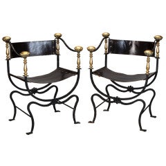 Pair of Iron and Brass Empire Style Armchairs