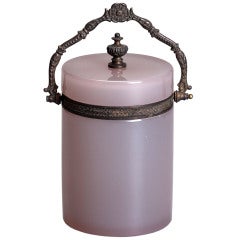 Green / Pink Opaline Glass Covered Jar With Bronze Handle