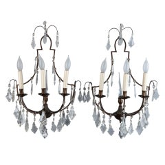 Pair French Delicate Three Light Metal and Crystal Sconces