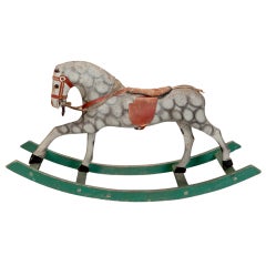Vintage Folk Art White Rocking Horse With Saddle