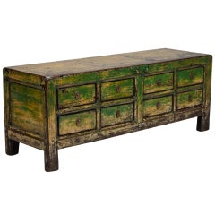 Antique Chinese Green Six Drawer Long Low Cabinet