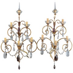 Pair French Five Light Brass and Crystal Sconces