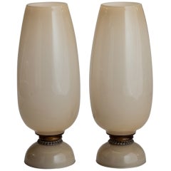 Pair 24" Tall Murano Glass Lamps With Brass Detailing