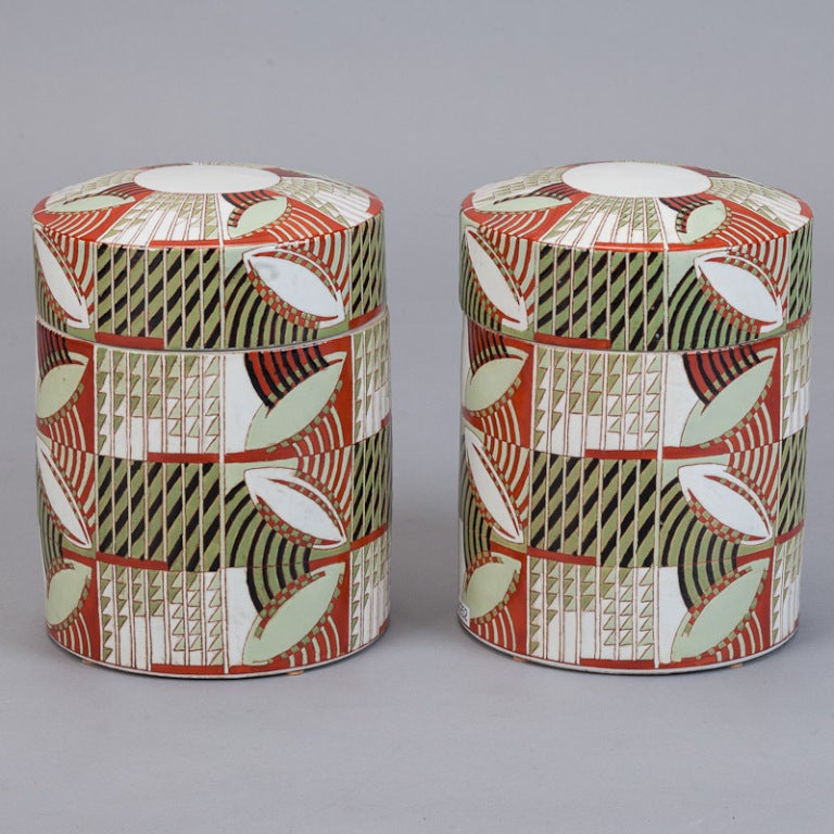 Pair Mid Century Japanese Style Ceramic Jars 2