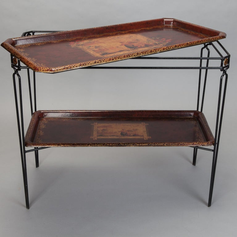 French Two Tier Console with Metal Base and Tole Trays 4