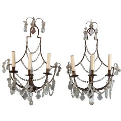 Pair of French Three Light Crystal Sconces