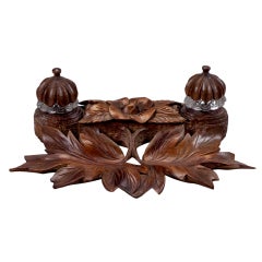 Antique 19th Century Carved Black Forest Inkwell