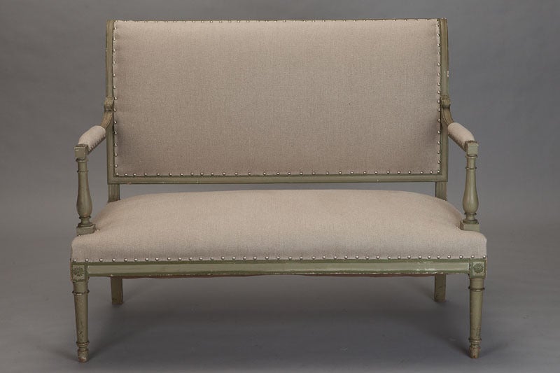 Carved French Empire Style Painted Settee With Neutral Upholstery