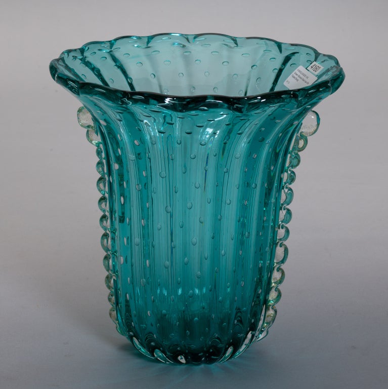 Mid Century Green Murano Glass Fluted Vase