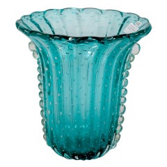 Mid Century Green Murano Glass Fluted Vase