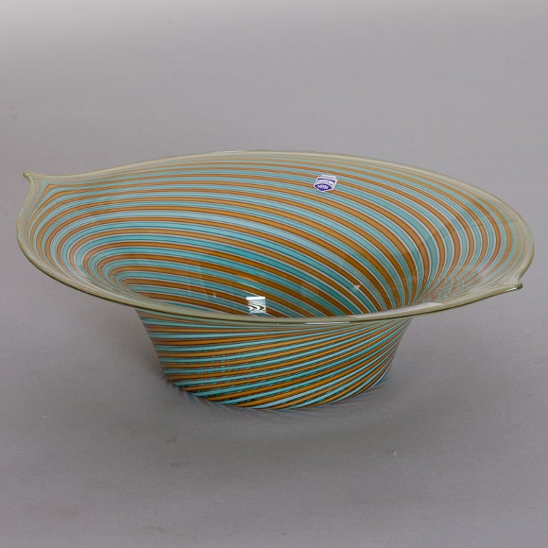 Mid Century Striped Signed Cenedese Murano Glass Bowl