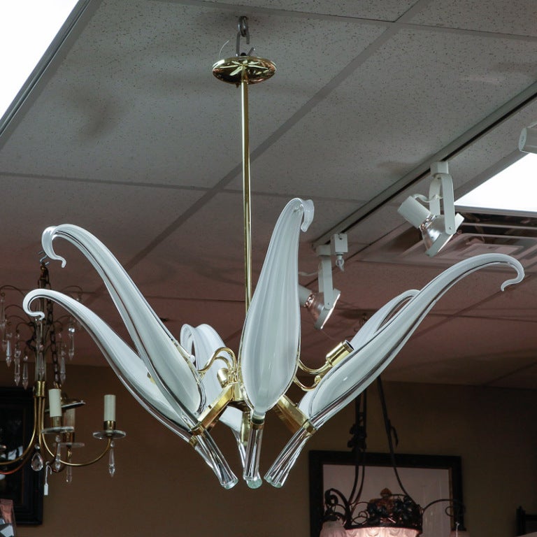 Striking mid century Murano glass chandelier attributed to Seguso has six elongated, glass feathers of clear and white glass with curled tips and clear glass bases set in a brass frame. New wiring for US electrical standards. Height shown includes