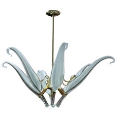 Seguso Murano Glass Feather and Brass Chandelier
