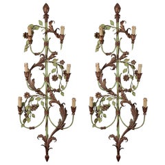 Antique Pair of French Tall Six-Light Green and Gilt Tole Sconces