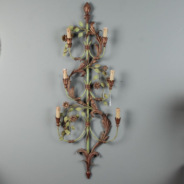 Pair of French Tall Six-Light Green and Gilt Tole Sconces In Good Condition In Troy, MI