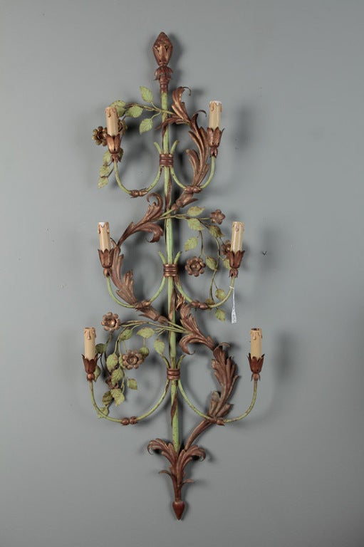 Pair of French Tall Six-Light Green and Gilt Tole Sconces 1