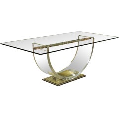 Mid Century Lucite Brass and Chrome Glass Top Dining Table