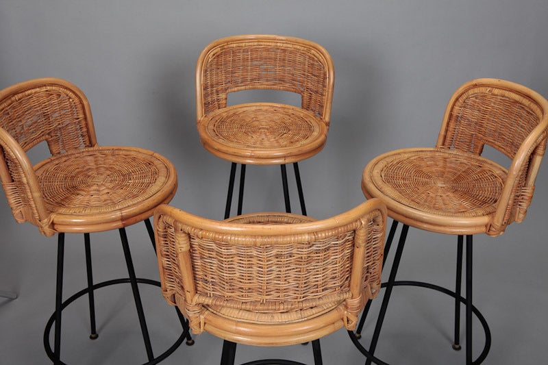 Set of 4 Mid Century Rattan Swivel Bar Stools in Style of Danny 1