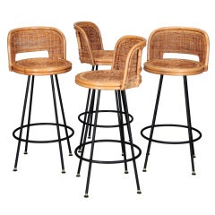 Set of 4 Mid Century Rattan Swivel Bar Stools in Style of Danny