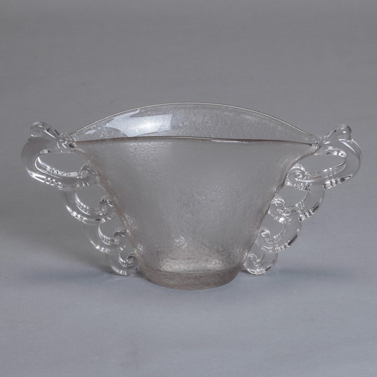 Circa 1930s clear glass vase with acid etched surface and applied clear glass handles at the sides.