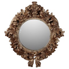 Antique Round Gild Wood Italian Mirror with Elaborately Carved Frame