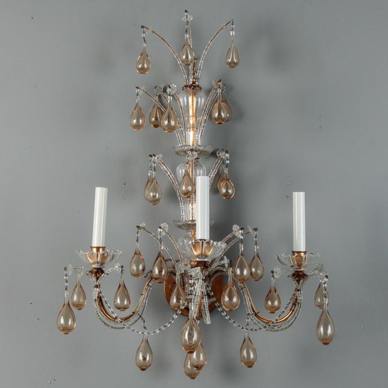 Venetian Three Light Sconces With Hand Blown Glass Drops