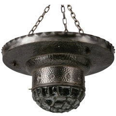 Arts and Crafts Pewter and Mosaic Glass Hanging Fixture
