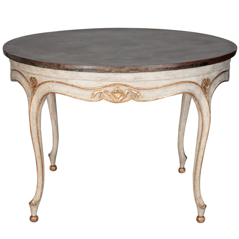 French Round Painted Table with Gilding and Metal Top at