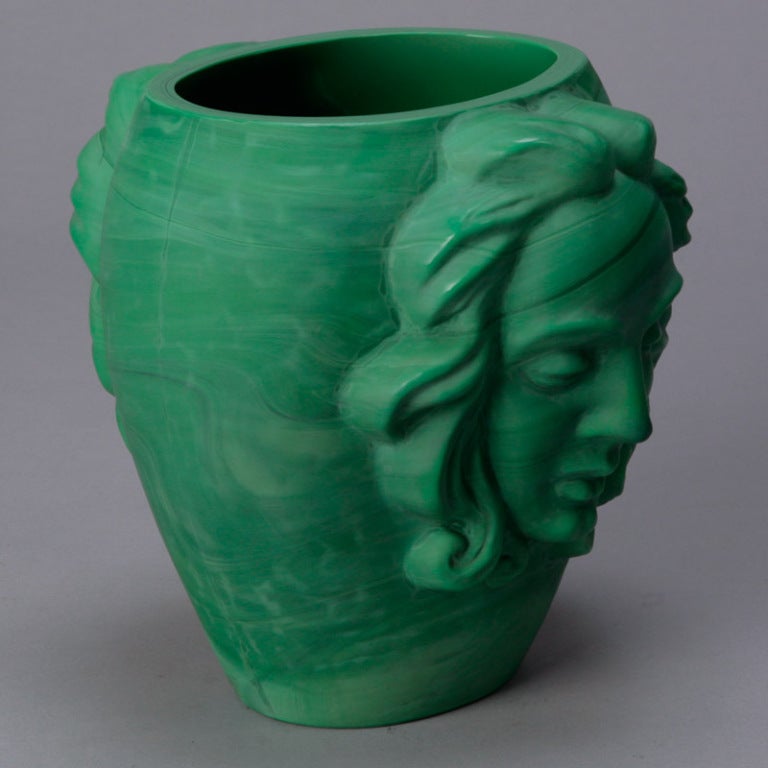 Stunning circa 1930s Czech malachite glass vase with a woman's face on two sides.